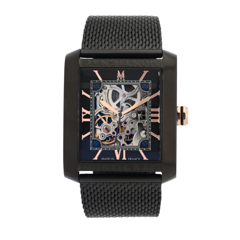 Montre Montignac automatique en acier noir et Bracelet maille milanaise