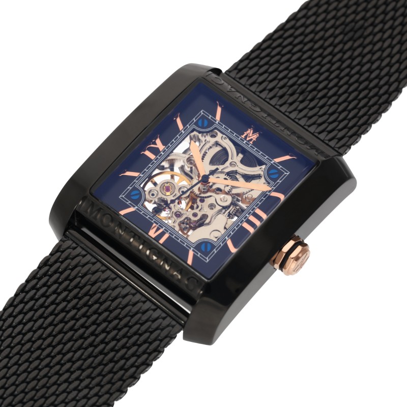 Montre Montignac automatique en acier noir et Bracelet maille milanaise