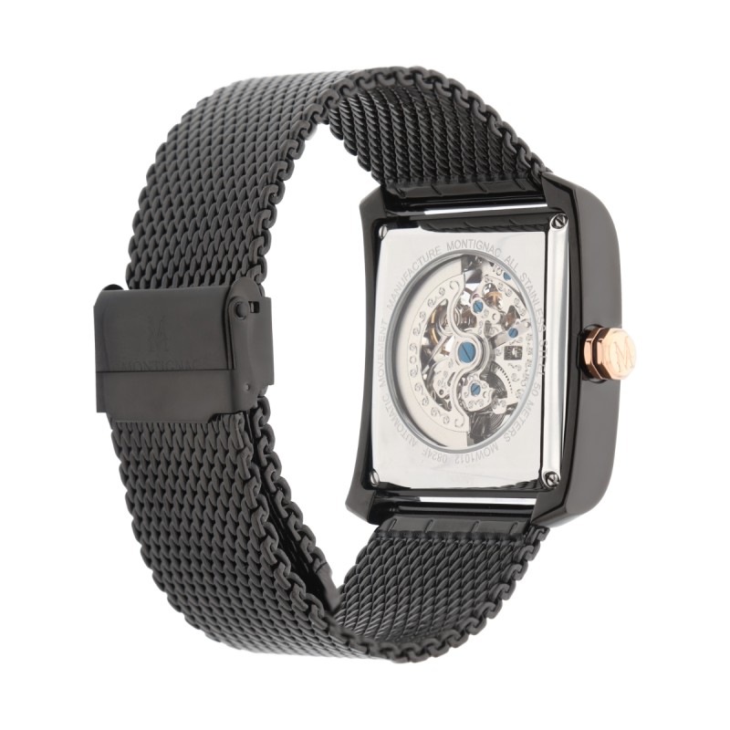 Montre Montignac automatique en acier noir et Bracelet maille milanaise
