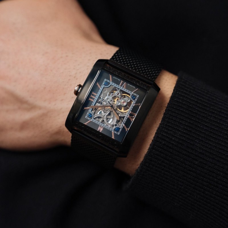 Montre Montignac automatique en acier noir et Bracelet maille milanaise