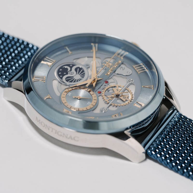 Montre Montignac en acier avec bracelet en maille milanais et cadran bleu