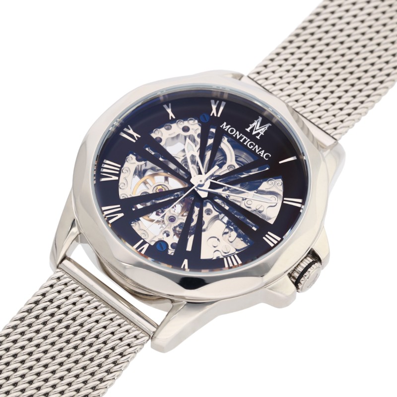Montre Homme Montignac Automatique en acier argenté Bracelet maille milanaise