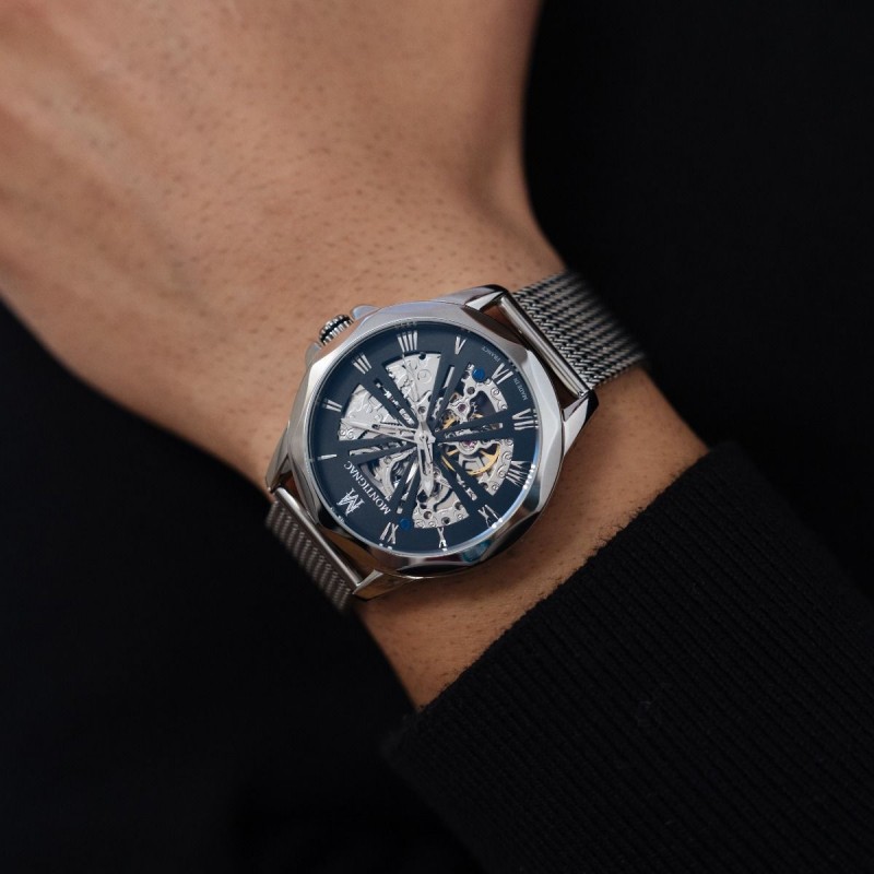 Montre Homme Montignac Automatique en acier argenté Bracelet maille milanaise