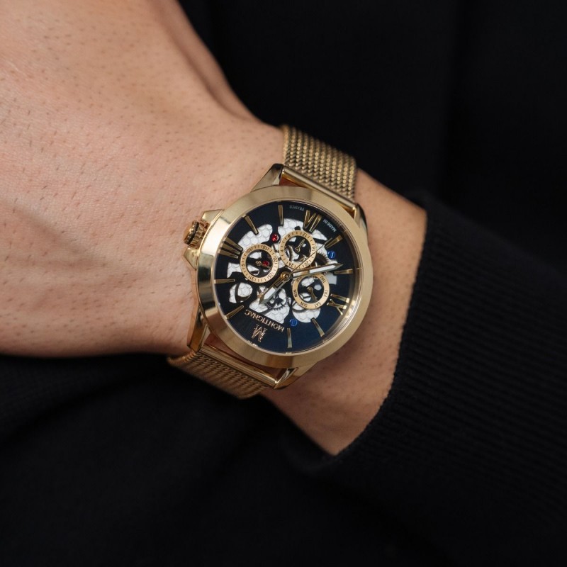 Montre Homme Montignac Automatique en acier doré Bracelet maille milanaise