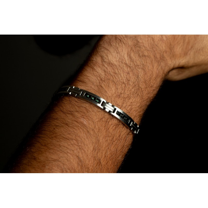Bracelet Phebus homme acier argenté, carbone noir et vert