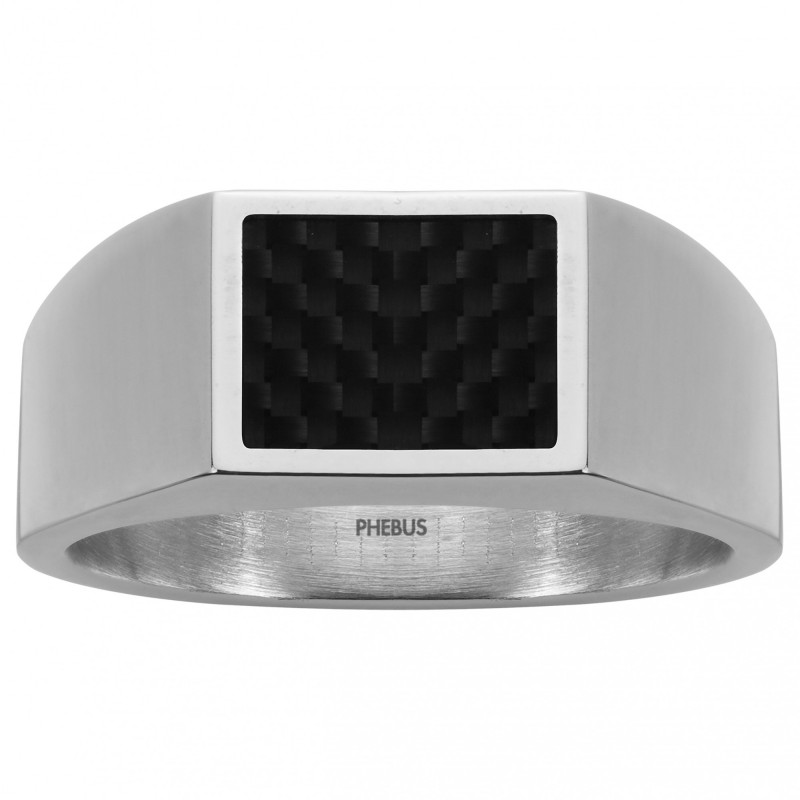 Bague type chevalière Phebus Homme en Acier argenté avec carbone noir