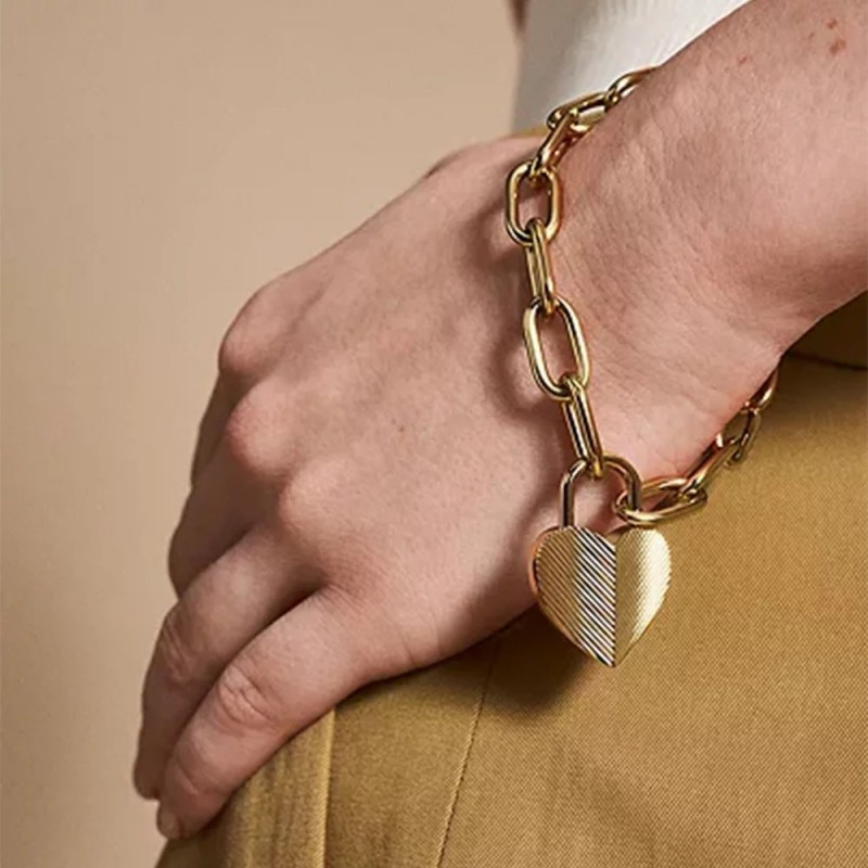 Bracelet Femme Fossil Harlow Linear Texture en acier doré motif cœurs