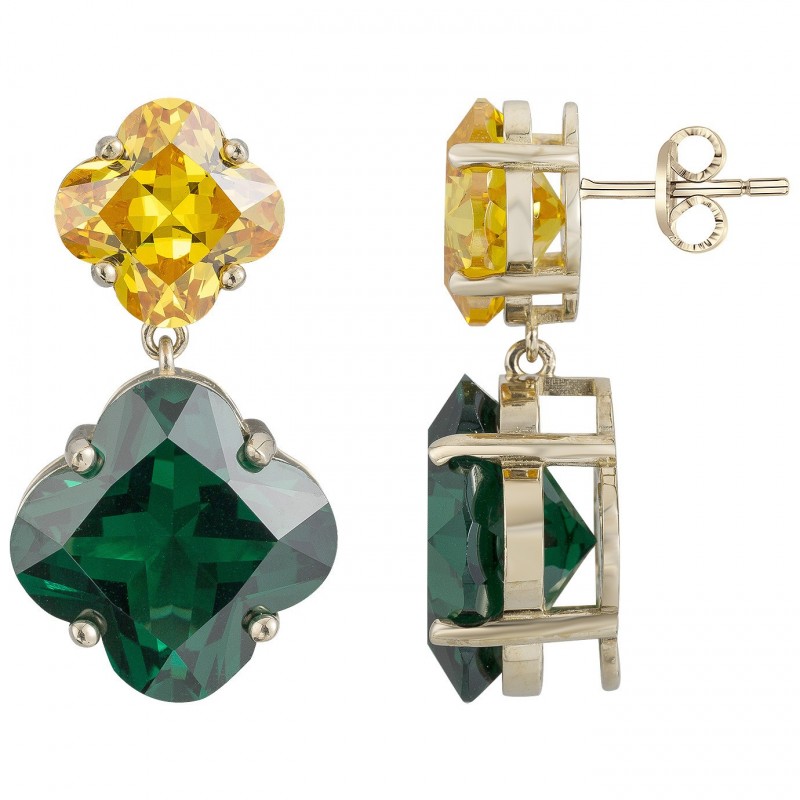 BOUCLES D'OREILLES FEMME GRIFFE ROUGE en plaqué or et pierres vertes et jaunes