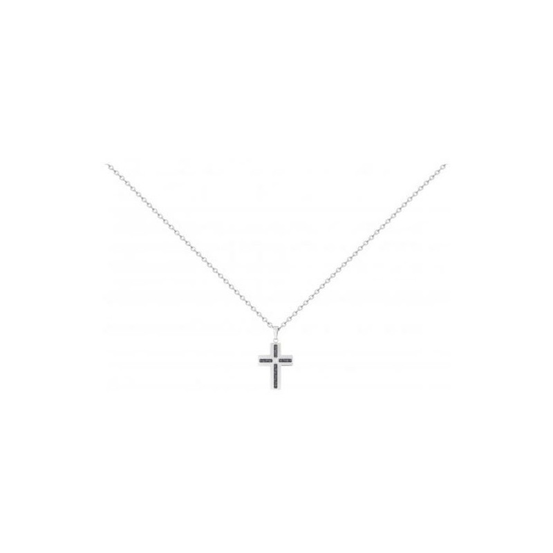 Collier Phebus en acier argenté motif croix, carbone et diamant