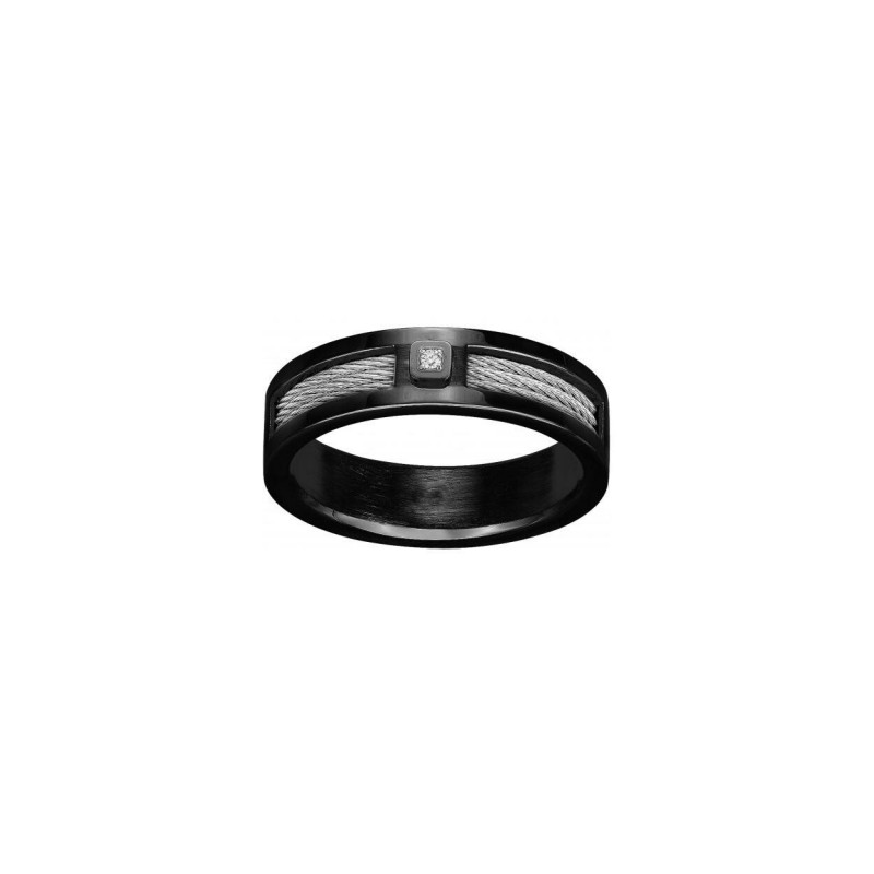Bague Phebus en acier noir, câbles argentés et diamant