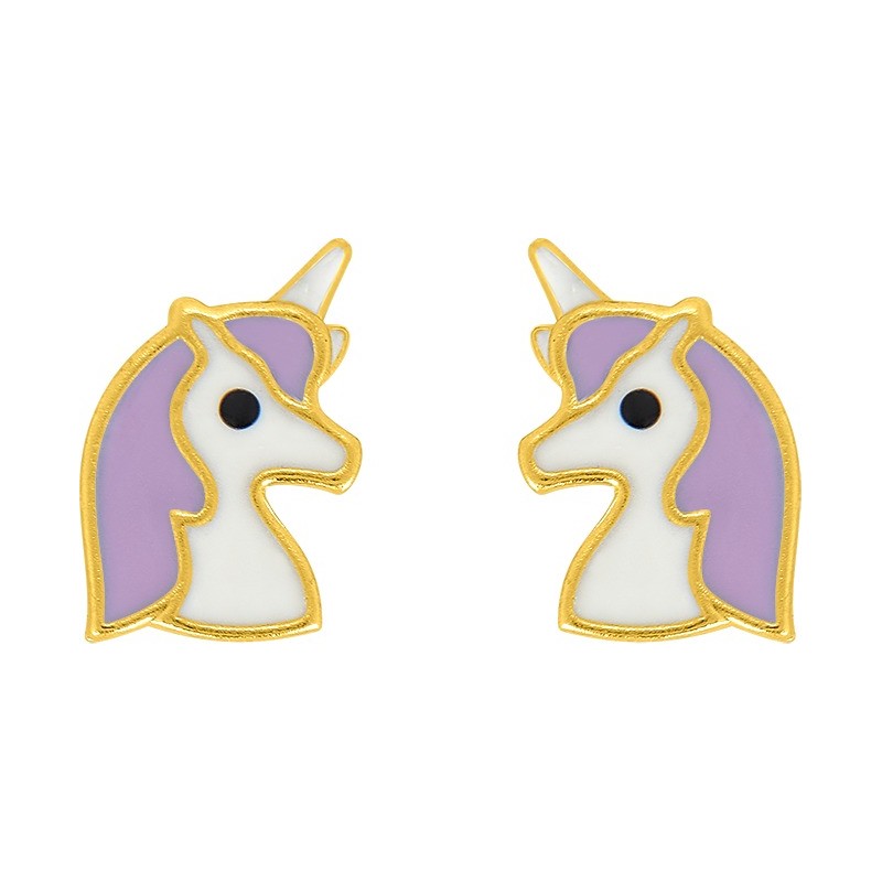 Boucles d'oreilles Enfant Carador Plaqué Or - licorne violette et blanche