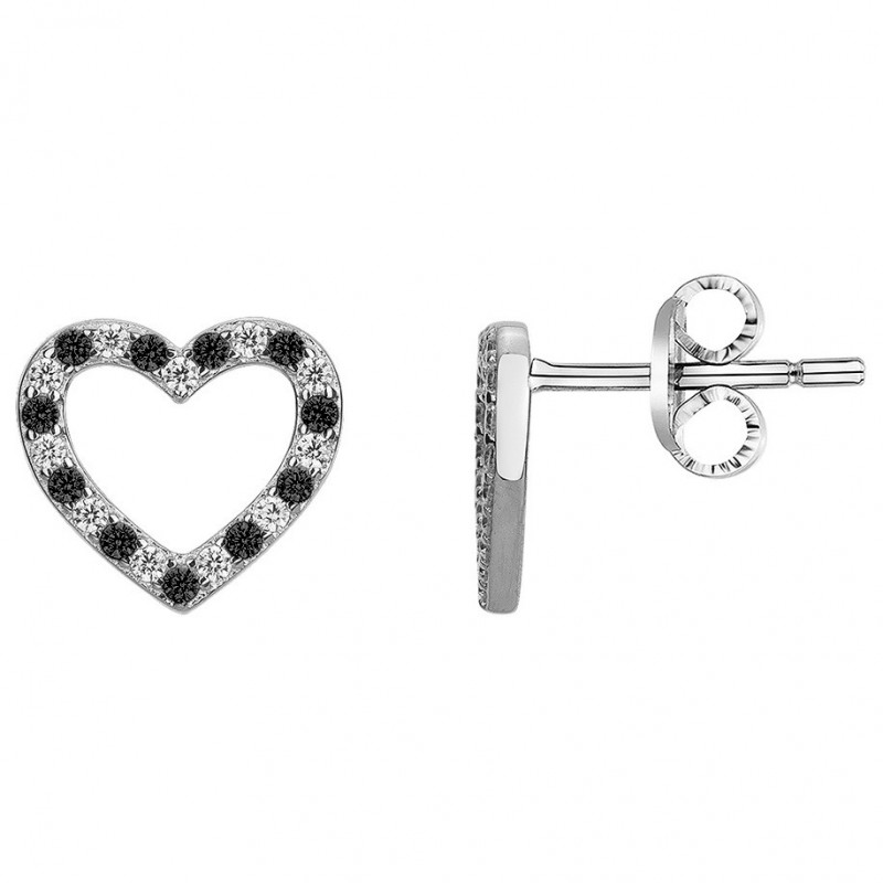 Boucles d'oreilles Carador - Argent et oxydes de zirconium blanc et noir - Cœur