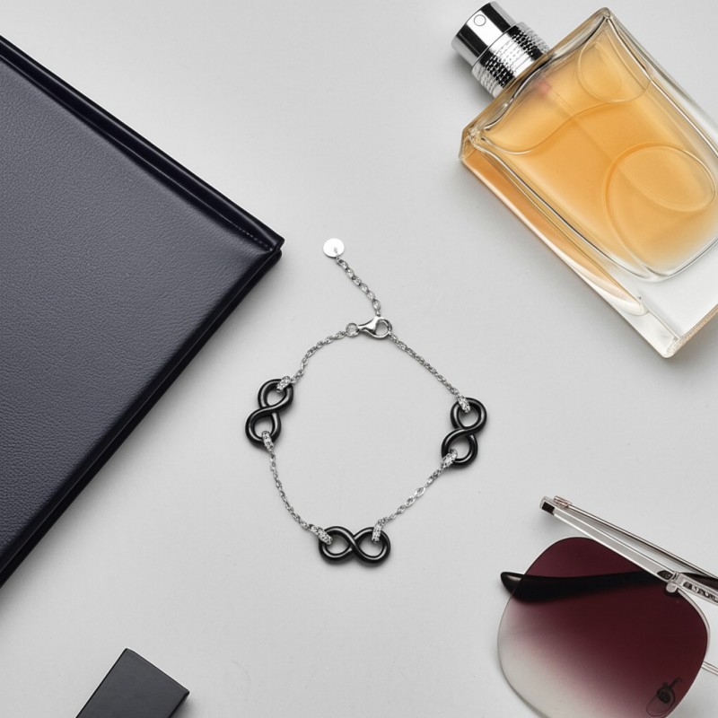 Bracelet femme carador en argent avec signes de l'infini en céramique noire et oxydes de zirconium