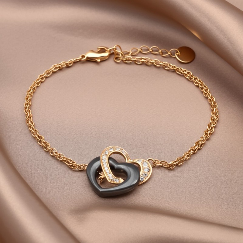 Bracelet AURORA Femme Phebus double cœur en plaqué or et céramique