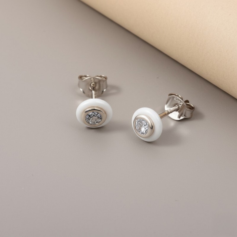 Boucles d'oreilles clous femme carador en argent avec céramique blanche et oxydes de zirconium
