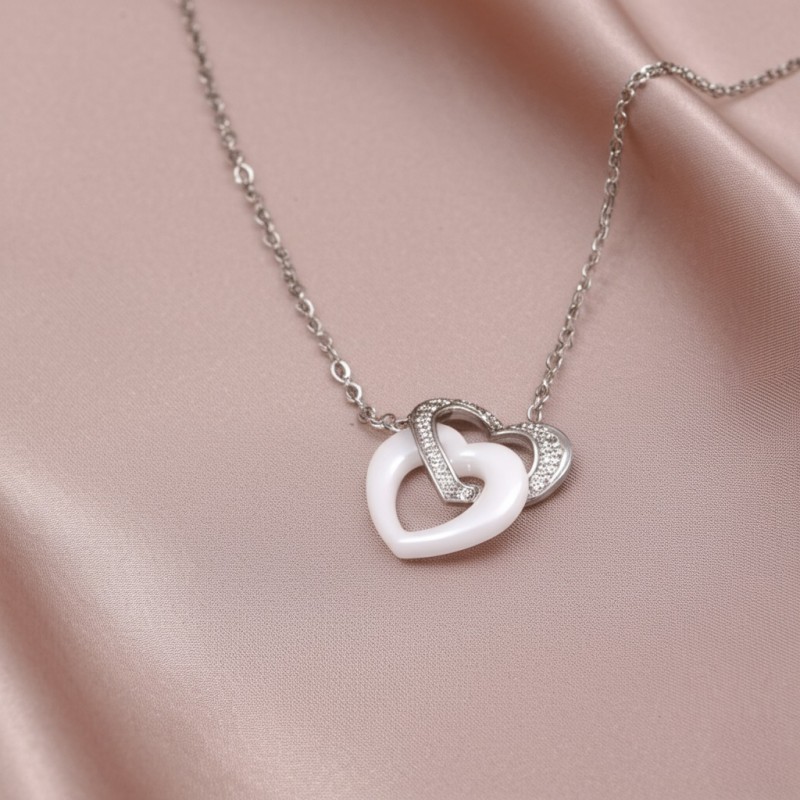 Collier femme carador en argent doubles cœurs avec oxydes de zirconium et céramique blanche