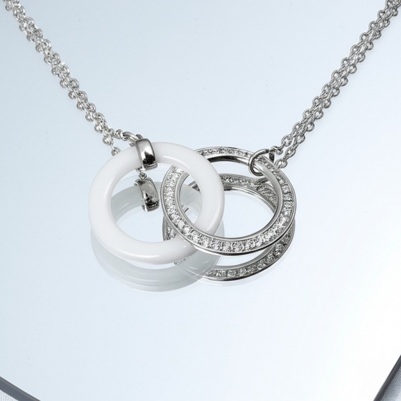 Collier femme carador en argent doubles anneaux avec oxydes de zirconium et céramique blanche