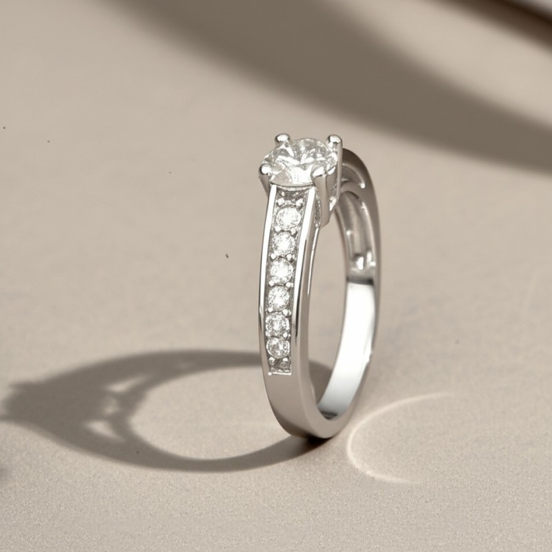 BAGUE SOLITAIRE ACCOMPAGNE OR BLANC 750/000 ET DIAMANTS