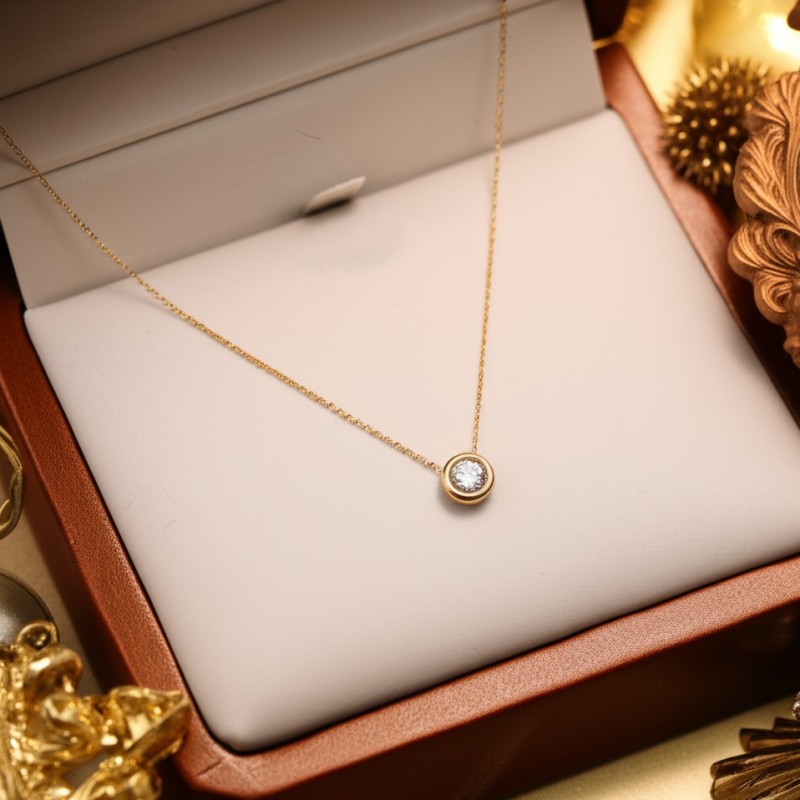 Collier Solitaire Carador en or jaune 375/000, oxyde de zirconium de 5mm serti clos