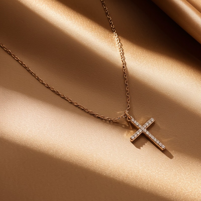 Collier Carador Femme en Plaqué Or et Oxydes de zirconium Motif croix Maille forçat