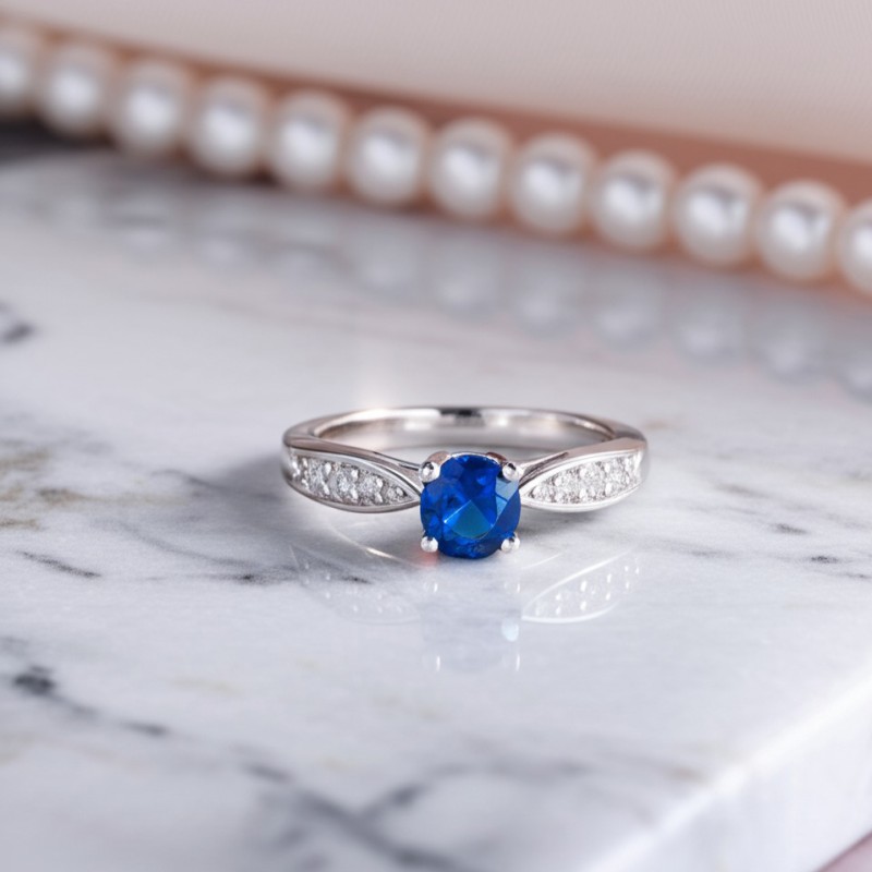 Bague solitaire accompagné Femme Carador en Argent avec Spinelle bleu et Oxydes de zirconium serti 4 griffes