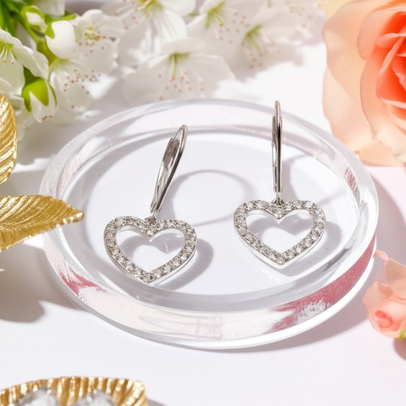 Boucles d'oreilles dormeuses Carador en argent  et  oxydes de zirconium motif coeur