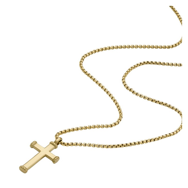 Collier Homme Fossil - All Stacked Up - pendentif croix - acier doré