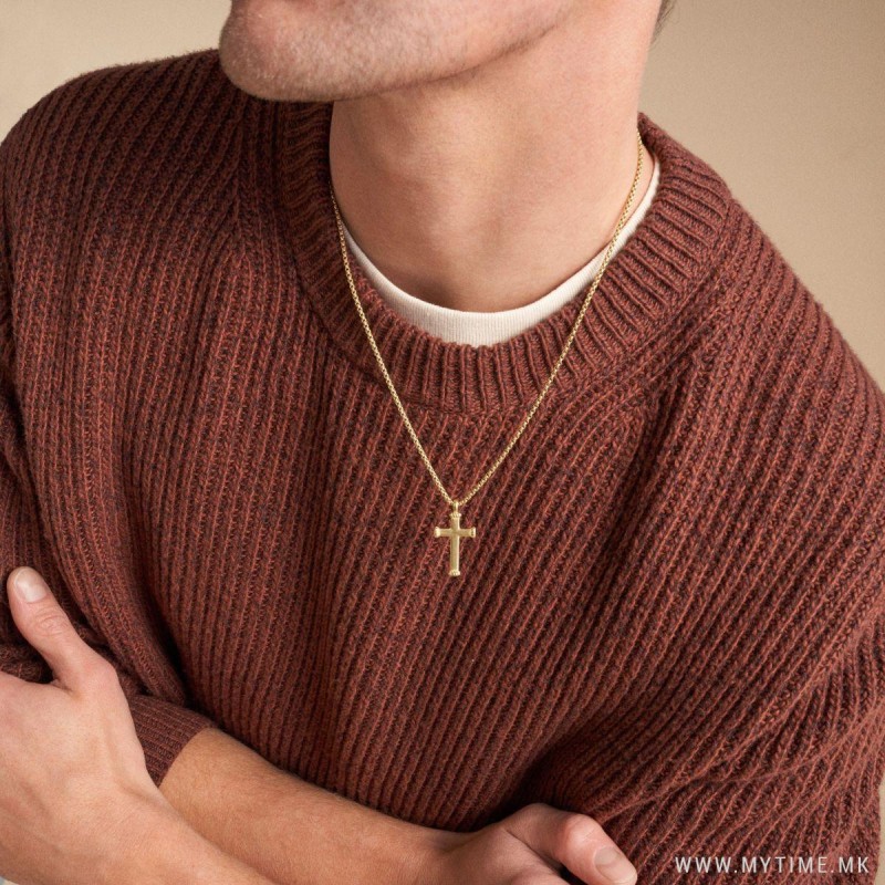 Collier Homme Fossil - All Stacked Up - pendentif croix - acier doré