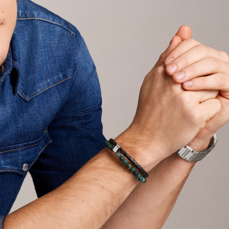 Bracelet Fossil Homme - Multi rangs cuir marron avec perles agate mousse