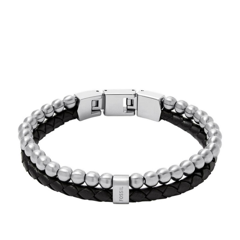 Bracelet Fossil Homme - Multi rangs cuir noir et perles en acier