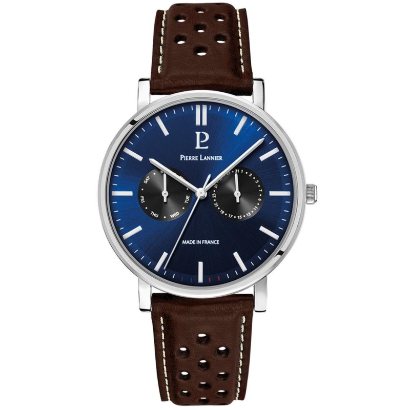 Montre Pierre Lannier Homme - Essentiel Argenté cadran bleu bracelet marron