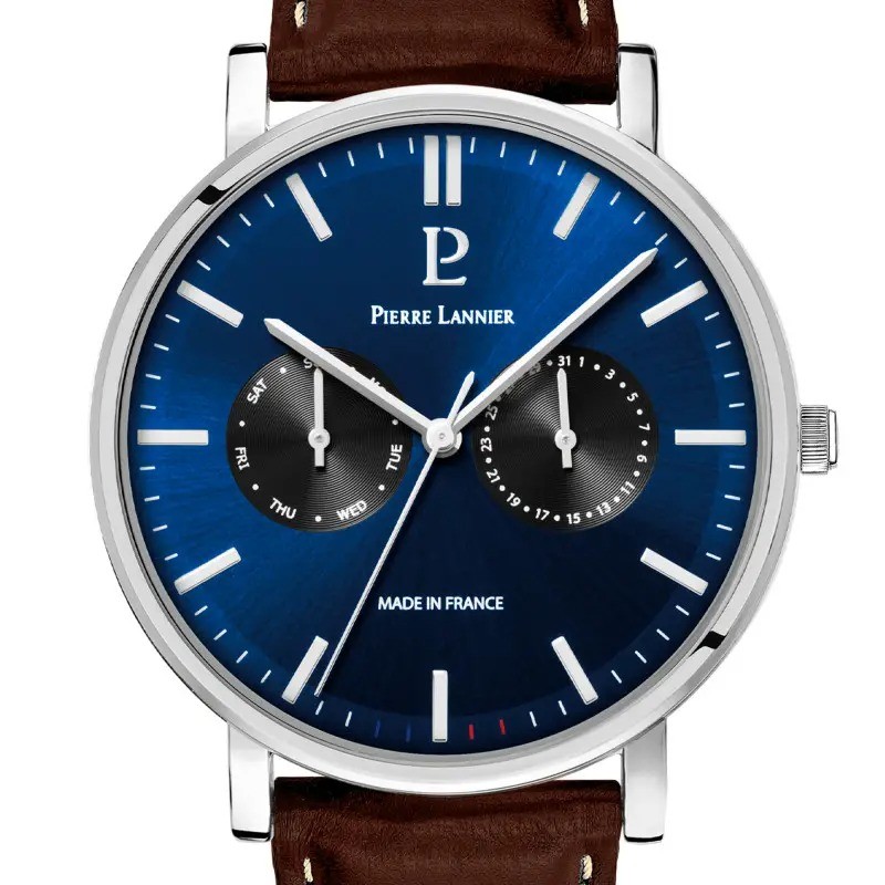 Montre Pierre Lannier Homme - Essentiel Argenté cadran bleu bracelet marron