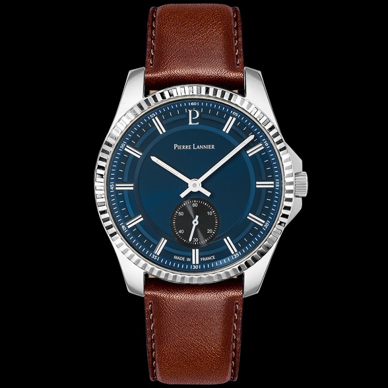 Montre Pierre Lannier Homme - Metropolitain cadran bleu bracelet cuir marron
