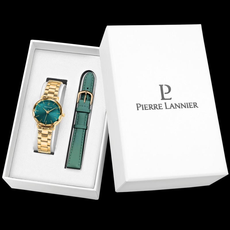 Coffret Montre Pierre Lannier Femme - Multiples cadran vert acier doré et bracelet cuir vert