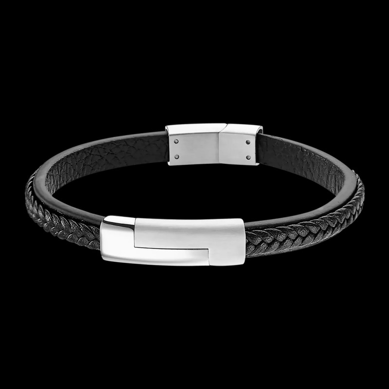 Bracelet Lotus Style Homme - Cuir et acier argenté