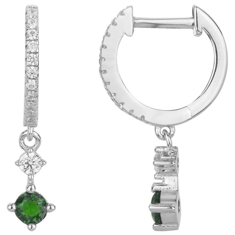 Boucles d'oreilles créoles Femme Carador - Argent - Oxydes de zirconium blanc - Pampille suspendue oxyde vert