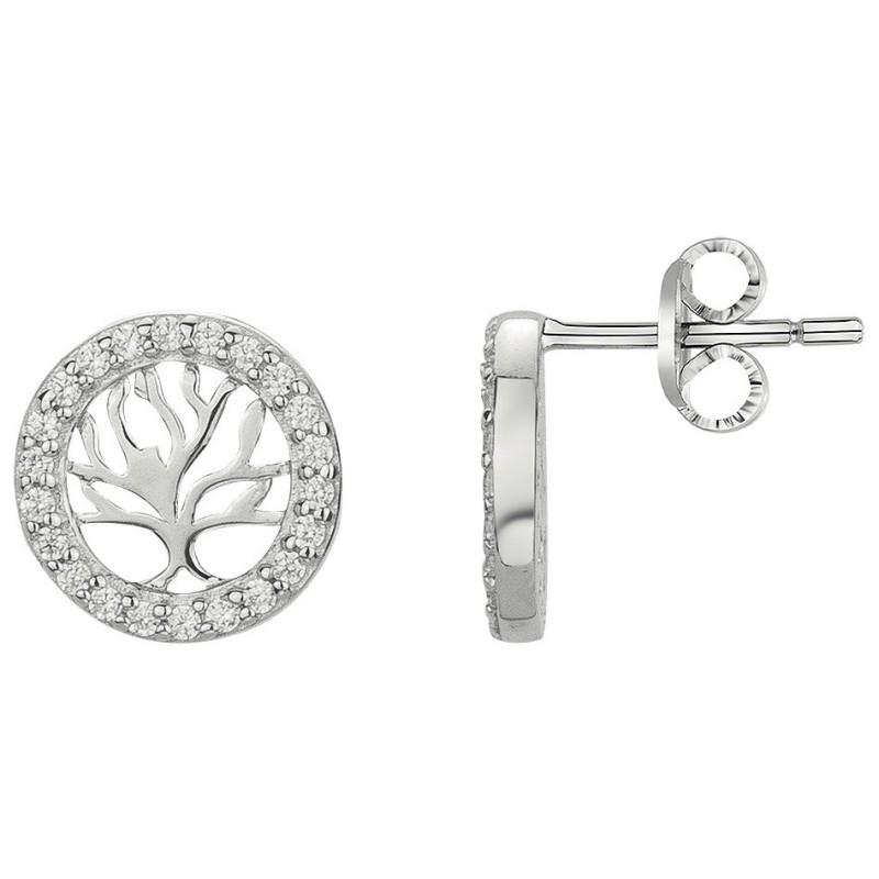 Boucles d'oreilles clous Femme Carador - Argent - Oxydes de zirconium blanc - Arbre de vie