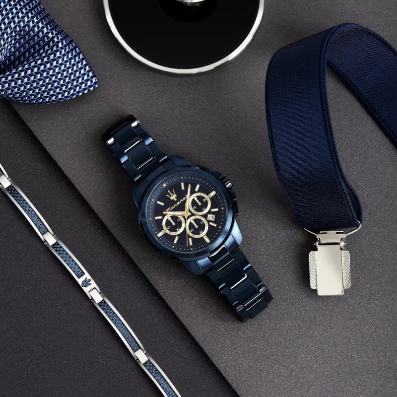 Coffret Montre Homme - Maserati Successo - Acier bleu - Bracelet acier argenté