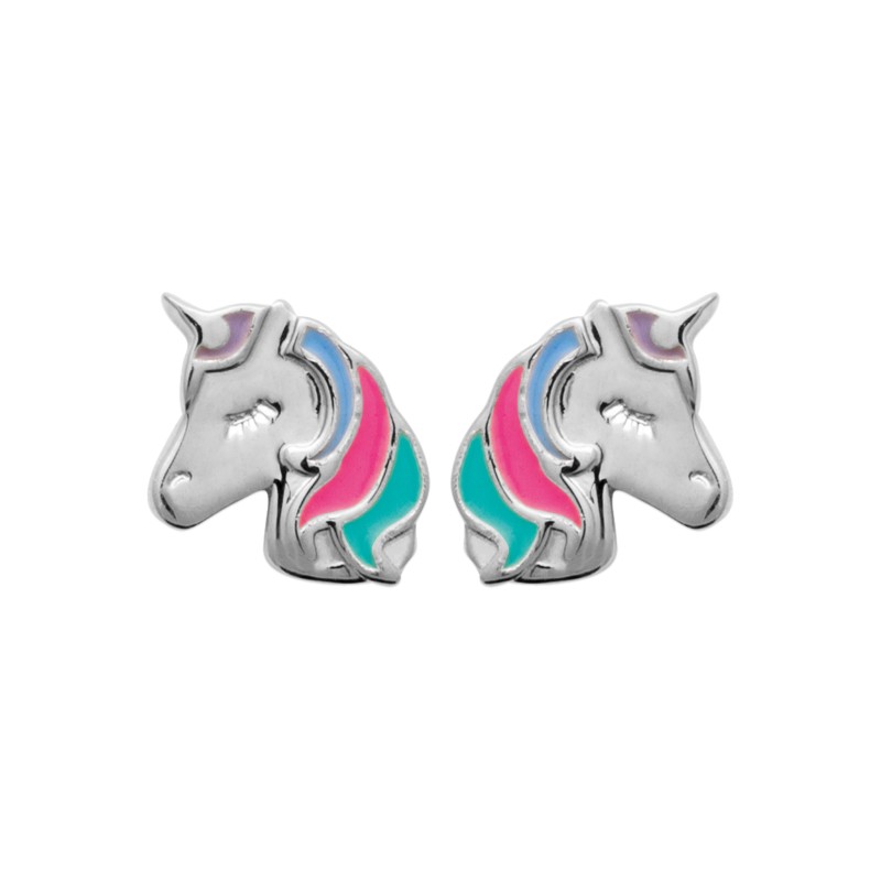 Boucles D'oreilles Enfant - Carador - Argent rhodié email, Motif Licorne