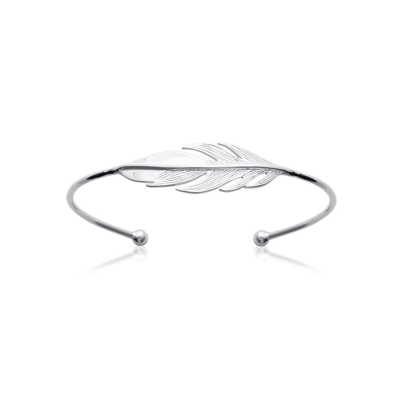 Bracelet Jonc Carador - Argent rhodié, motif plume