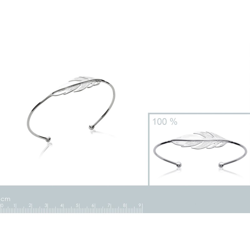 Bracelet Jonc Carador - Argent rhodié, motif plume