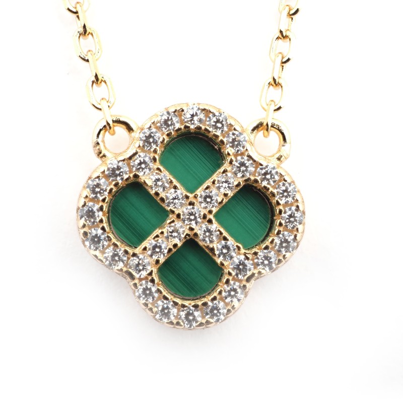 Collier Silver Pop - Femme - Argent Doré - Oxydes de zirconium et Malachite - Trèfle