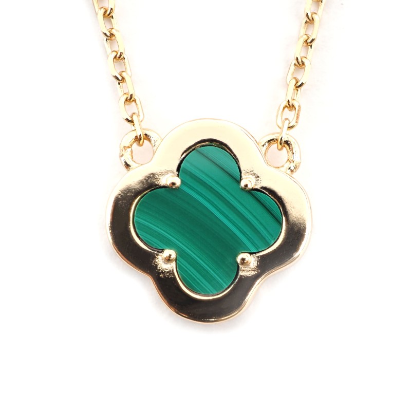 Collier Silver Pop - Femme - Argent Doré - Oxydes de zirconium et Malachite - Trèfle
