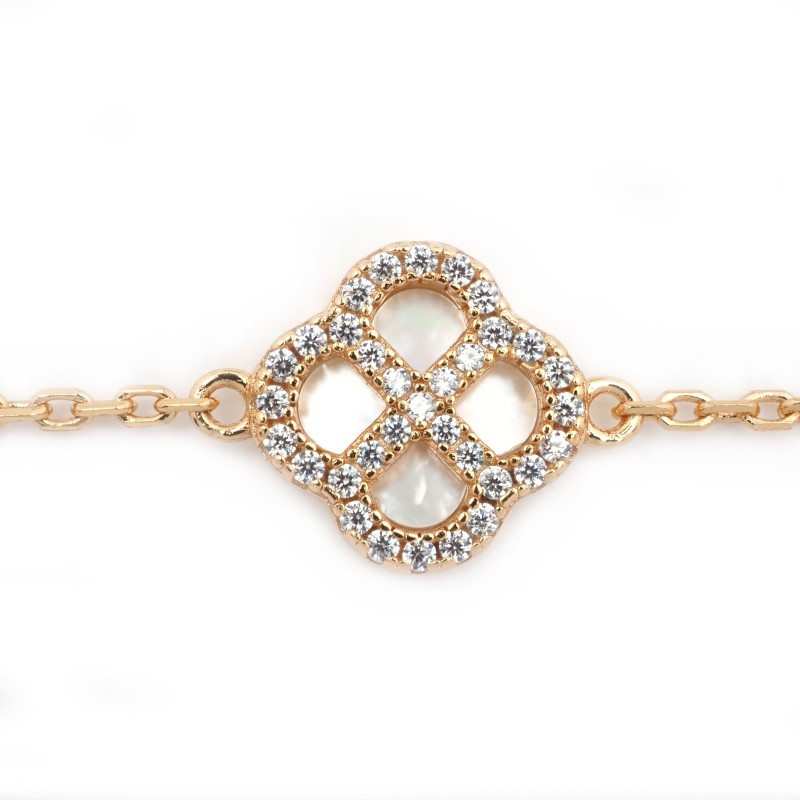 Bracelet Silver Pop Femme - Argent Doré - Oxydes de zirconium et Nacre - Trèfle