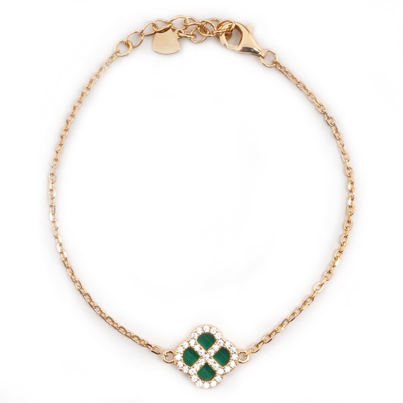 Bracelet Silver Pop - Femme - Argent Doré - Oxydes de zirconium et Malachite - Trèfle
