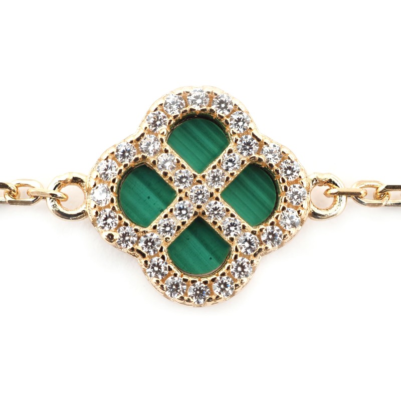 Bracelet Silver Pop - Femme - Argent Doré - Oxydes de zirconium et Malachite - Trèfle