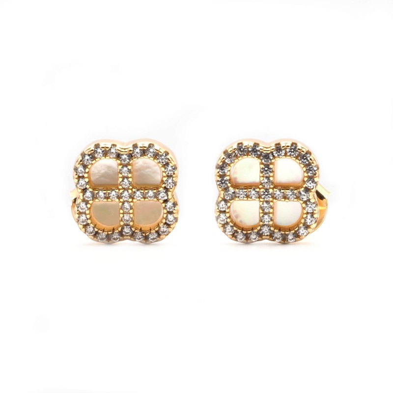 Boucles d'oreilles Silver Pop - Femme - Argent Doré - Oxydes de zirconium et Nacre - Trèfle