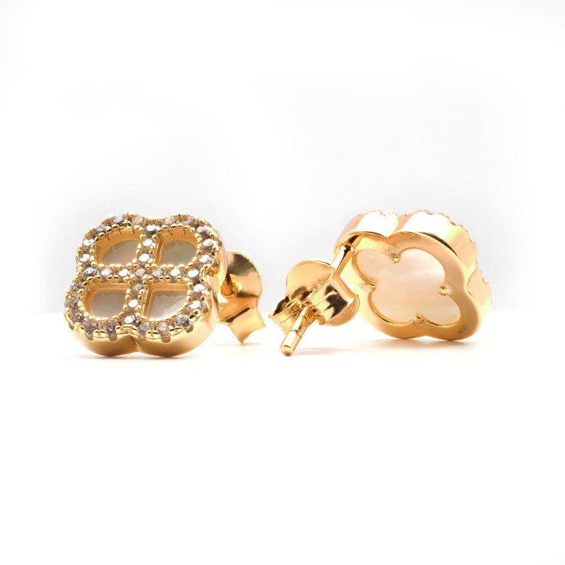 Boucles d'oreilles Silver Pop - Femme - Argent Doré - Oxydes de zirconium et Nacre - Trèfle