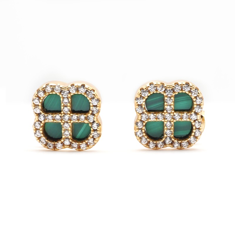 Boucles d'oreilles Silver Pop - Femme - Argent Doré - Oxydes de zirconium et Malachite - Trèfle