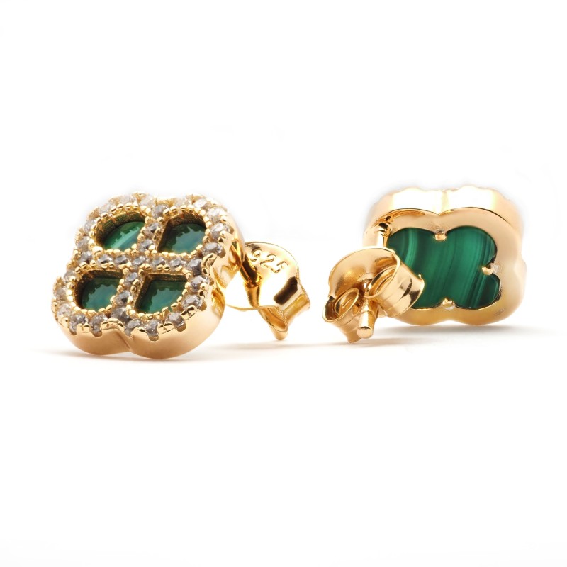 Boucles d'oreilles Silver Pop - Femme - Argent Doré - Oxydes de zirconium et Malachite - Trèfle